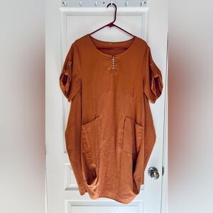 Cotton Linen Cottagecore Relaxed Fit Tunic Dress with Button Details in Rust
